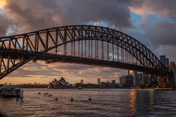 The harbor bride framing the skyline of Sydney Australia with the famous Opera House