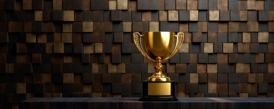 Elegant and refined business backdrop with a golden trophy, representing achievement, success, and recognition in the corporate world panorama