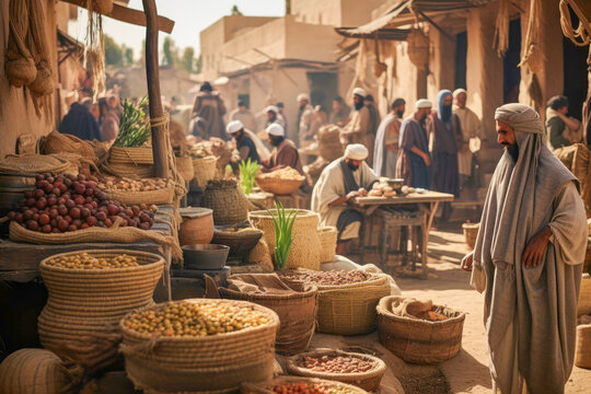 Depiction of life in Ancient Egypt: Marketplace in Thebes where merchants from distant lands barter their exotic goods like fine textiles and spices, while locals gather to stock up on essentials