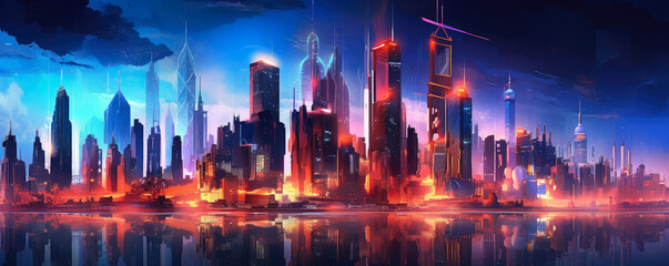 Futuristic cityscape with sleek skyscrapers and glowing neon lights, capturing the modernity and technological advancement of urban business districts panorama