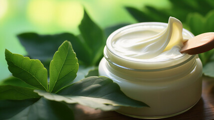 opened jar of organic facial cream, wooden scoop, detail of the creamy texture, green leaves in the background, soft daylight