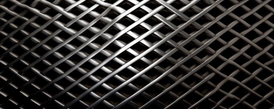 Sleek metallic grid pattern on a black background, symbolizing structure, organization, and precision, perfect for business presentations and professional designs panorama