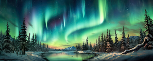 Fototapeta na wymiar Enchanted Aurora: spellbinding panorama showcasing the ethereal beauty of the Northern Lights dancing across the night sky in a mesmerizing display of vibrant colors panorama