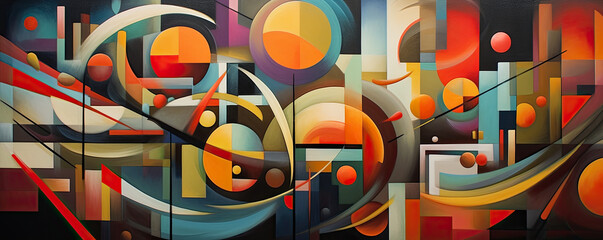 symphony of vibrant shapes floating in an abstract space, conveying a sense of harmony and balance panorama