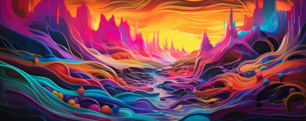 luminous abstract landscape of cascading neon colors, evoking a futuristic and otherworldly ambiance panorama