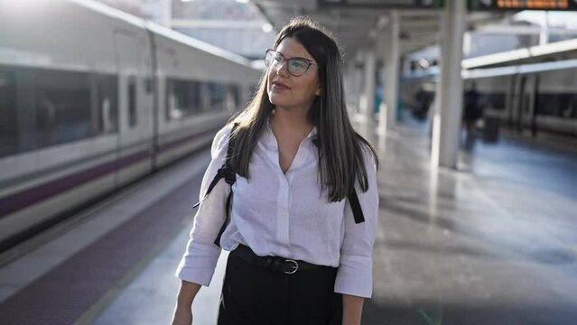 Young beautiful hispanic woman walking down the railway at train station