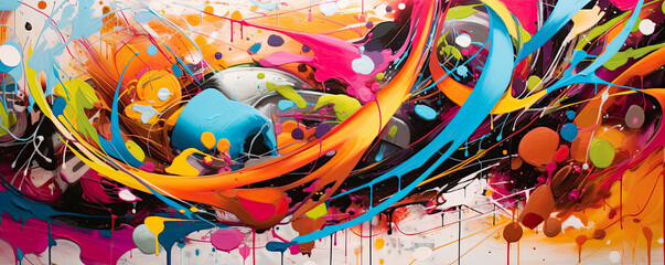collision of vibrant graffiti elements and abstract shapes, infusing urban art with a burst of color and creativity panorama - obrazy, fototapety, plakaty