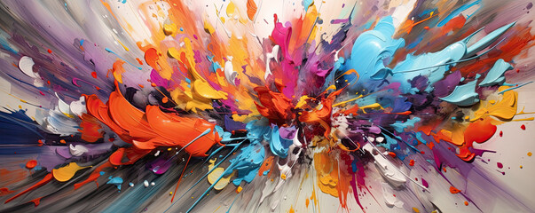 collision of bold brushstrokes and vibrant splatters, merging and converging to form an explosion of color panorama - obrazy, fototapety, plakaty