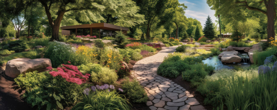 panoramic view of a vibrant botanical garden, with colorful flowers, lush greenery, and meandering pathways, creating a peaceful and enchanting oasis of natural beauty panorama