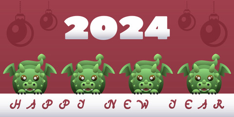 Red White Banner with Green Dragons. 2024 New Year. Happy New Year. Christmas. Christmas tree toys. Background, template, pattern, banner, poster.