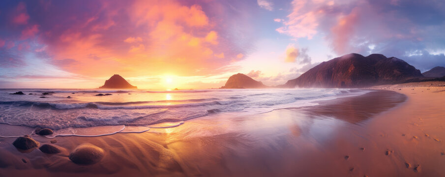 mesmerizing panoramic shot of a secluded beach at sunset, with golden sands, gentle waves, and a vibrant sky painted with hues of orange, pink, and purple, offering a serene