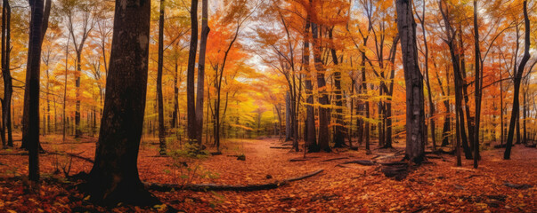 panoramic shot of a vibrant autumnal forest, with trees ablaze in shades of red, orange, and yellow, creating a mesmerizing display of fall foliage and a sense of warmth