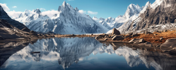 breathtaking panoramic shot of a serene alpine landscape, with snow-capped peaks, pristine glaciers, and a tranquil lake reflecting the majestic mountains