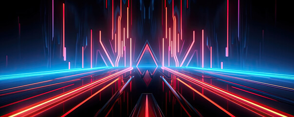 minimalistic abstract background with glowing neon lines and futuristic shapes, showcasing the electrifying energy of technological progress panorama