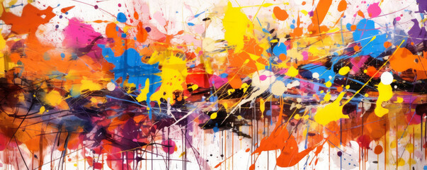 abstract background resembling a vibrant urban graffiti art piece, with splashes of color and expressive brushstrokes, embodying urban culture and creativity panorama