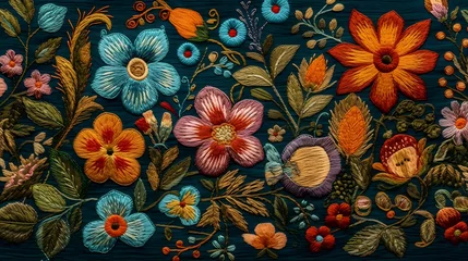 Fotobehang embroidery of ethnic flowers in satin stitch on dark canvas, generative ai © Yuliia