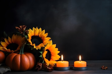 dark background with copy space, candles sunflowers and pumpkin gloomy autumn, generative ai