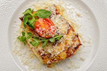 Lasagna with shrimp, mushrooms and parmesan cheese