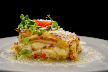 Lasagna with shrimp, mushrooms and parmesan cheese
