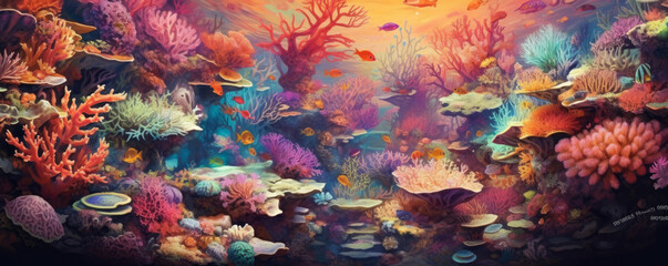 abstract background resembling a vibrant underwater coral reef, with a plethora of colorful marine life, immersing the viewer in a captivating aquatic world panorama