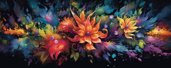Fototapeta na wymiar vibrant explosion of abstract flowers and foliage on a black background, bursting with life and color, capturing the essence of a flourishing garden panorama