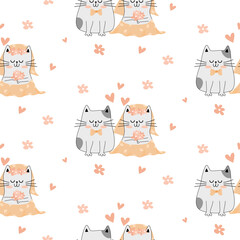 Wedding cat background pattern cartoon character seamless for decoration with heart and flower.