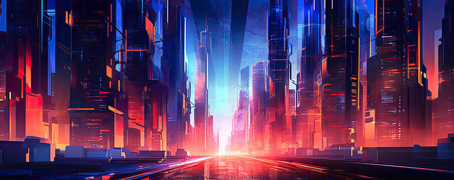 abstract background resembling a futuristic city skyline, with towering buildings and glowing neon lights, portraying a vision of urban utopia panorama