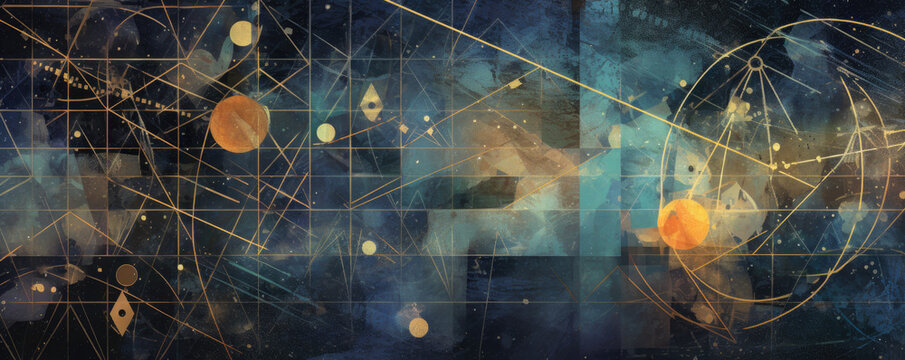 Fototapeta fusion of celestial elements and geometric shapes on an abstract background, representing the harmonious balance between the cosmos and mathematics panorama
