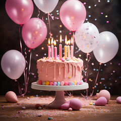A vibrant pink birthday cake takes center stage, adorned with colorful balloons and confetti, creating a festive and joyous atmosphere for a celebration filled with excitement and cheer