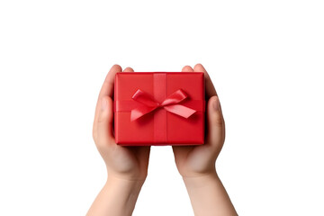 red gift box in children's hands, clipart isolated on transparent background, generative ai