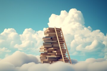Stack of books up to the sky with stairs. Back To School concept. Background