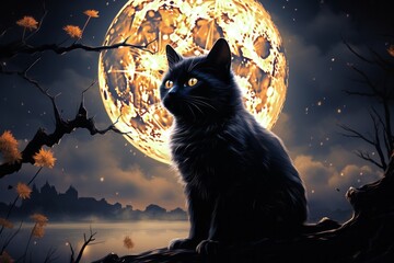 Black cat on the background of the moon in the style of drawing or illustration as symbol of superstition. AI generated