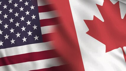 Diagonal waving flag of USA and Canada. North America, friendship and relations, border, trade, economy and economic cooperation between nations concepts. 4K Motion Graphics video