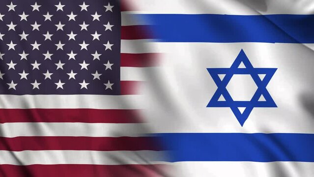 Horizontal waving flag of USA and Israel. IDF Military aid, Strategic alliance, Middle East stability, trade, economy and economic cooperation between nations concepts. 4K Motion Graphics video