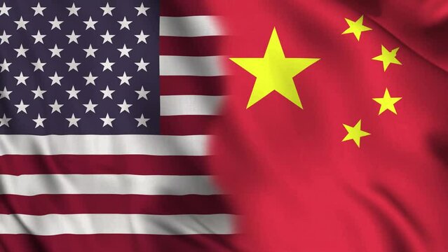 Horizontal waving flag of USA and China. Conflict, friendship and relations, trade, economy and economic cooperation between nations concepts. 4K Motion Graphics video