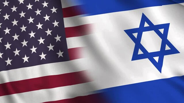 Diagonal waving flag of USA and Israel. IDF Military aid, Strategic alliance, Middle East stability, trade, economy and economic cooperation between nations concepts. 4K Motion Graphics video