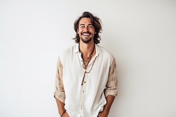 Portrait of a handsome young man laughing isolated on a white background