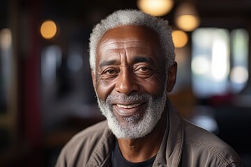 Smiling senior black man posing inside a room looking at the camera