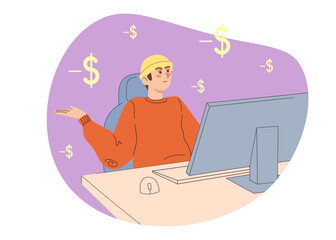 Man sitting on the computer. Male losing money online. Concept of money problems. Vector illustration for bankruptcy, loss, crisis.