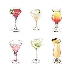 Watercolor cocktail cosmopolitan, apple martini, sex on the beach and pina colada. Hand-drawn illustration isolated on white background. Perfect for recipe alcoholic lists with drinks, for cafe, bar