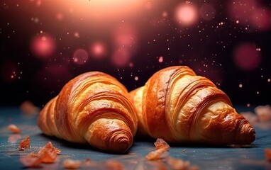 Fresh baked croissants on table on blurred bokeh light background generative ai