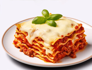 lasagna bolognese whit cheese and tomato sauce on white background, lazanha bolognesa.