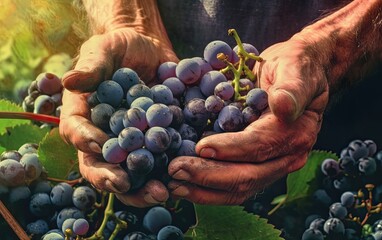 Farmer man hand picking bunch of grapes from grape plantation bush generative ai