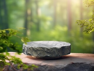 Obraz premium Product display product stand with rock cylinder podium and blur green forest background background generative ai