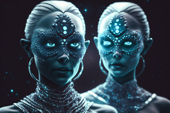 Starseed people as human aliens from other galaxies, fictitious person. AI generated image..