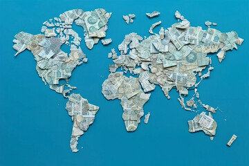 The world map is made up of pieces of different banknotes. Generative AI.