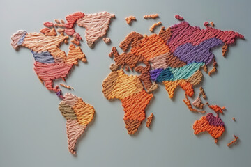 The world map is woven from many multi-colored threads. Generative AI.