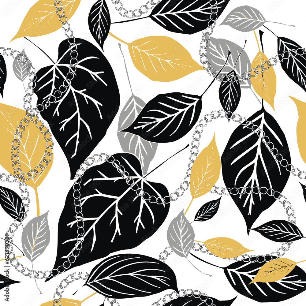 Wall mural falling leaves and chains seamless pattern. Autumn leaves vector background. Branches and leaves colorful ornament. Repeat leafy backdrop with plants. Modern isolated design on white. Endless texture