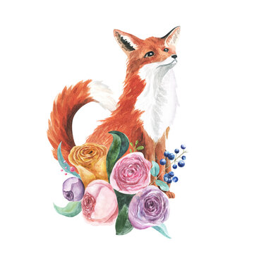 Watercolor Fox and Flowers isolated on white background. Cute fox animal woodland art set, wild life cartoon drawing. hand drawn illustration. For print, stickers, notebook