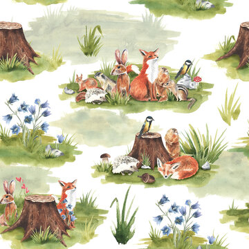 Watercolor Woodland animals seamless pattern. Fabric wallpaper background with hedgehog, fox , Bunny rabbit set of forest squirrel and chipmunk, tit bird baby animal. For textile